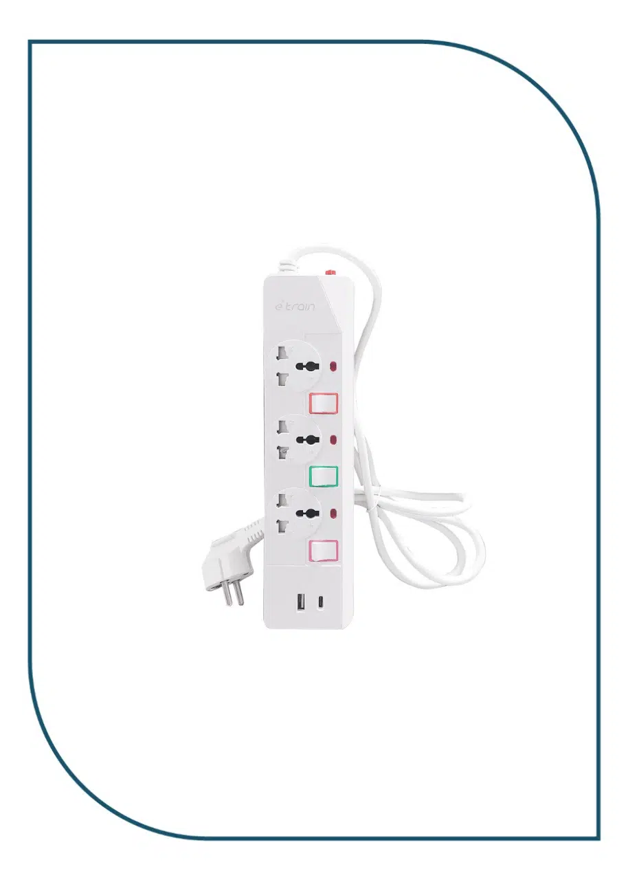 E-train (PS074) Power Strip 16A 3 Output Plugs + 1 USB + 1 Type-C 2.4A - 1.5M With On-Off Switch - White PS074