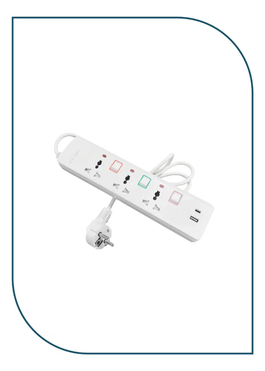 E-train (PS074) Power Strip 16A 3 Output Plugs + 1 USB + 1 Type-C 2.4A - 1.5M With On-Off Switch - White PS074