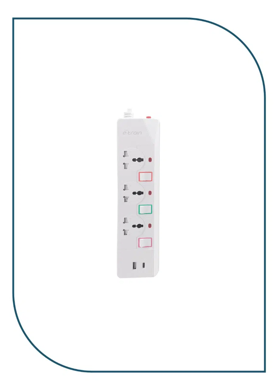 E-train (PS074) Power Strip 16A 3 Output Plugs + 1 USB + 1 Type-C 2.4A - 1.5M With On-Off Switch - White PS074
