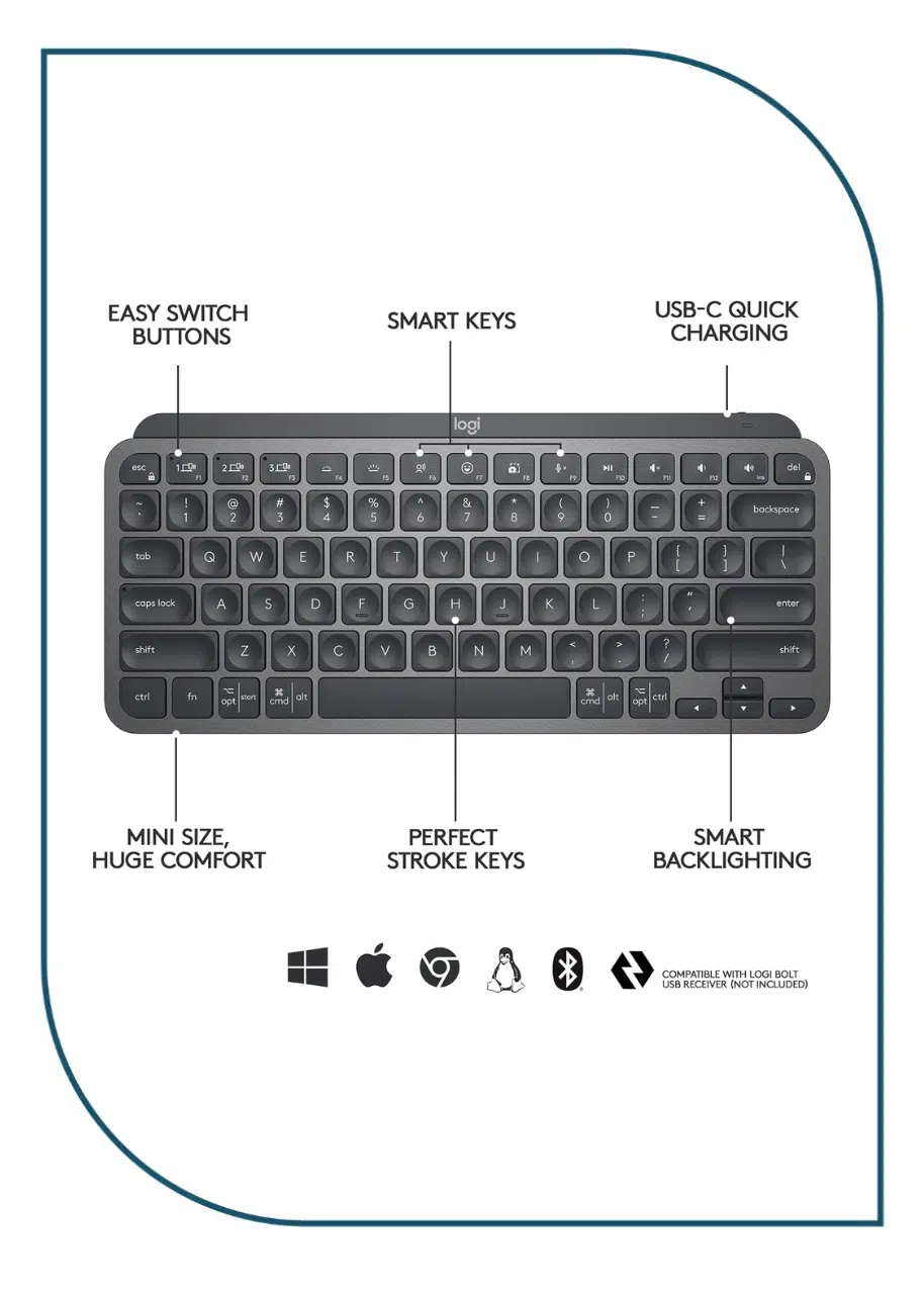 Logitech MX Keys Mini Minimalist Wireless Illuminated Keyboard - GRAPHITE - ARA (101) - INTNL (920-010503) Logitech MX